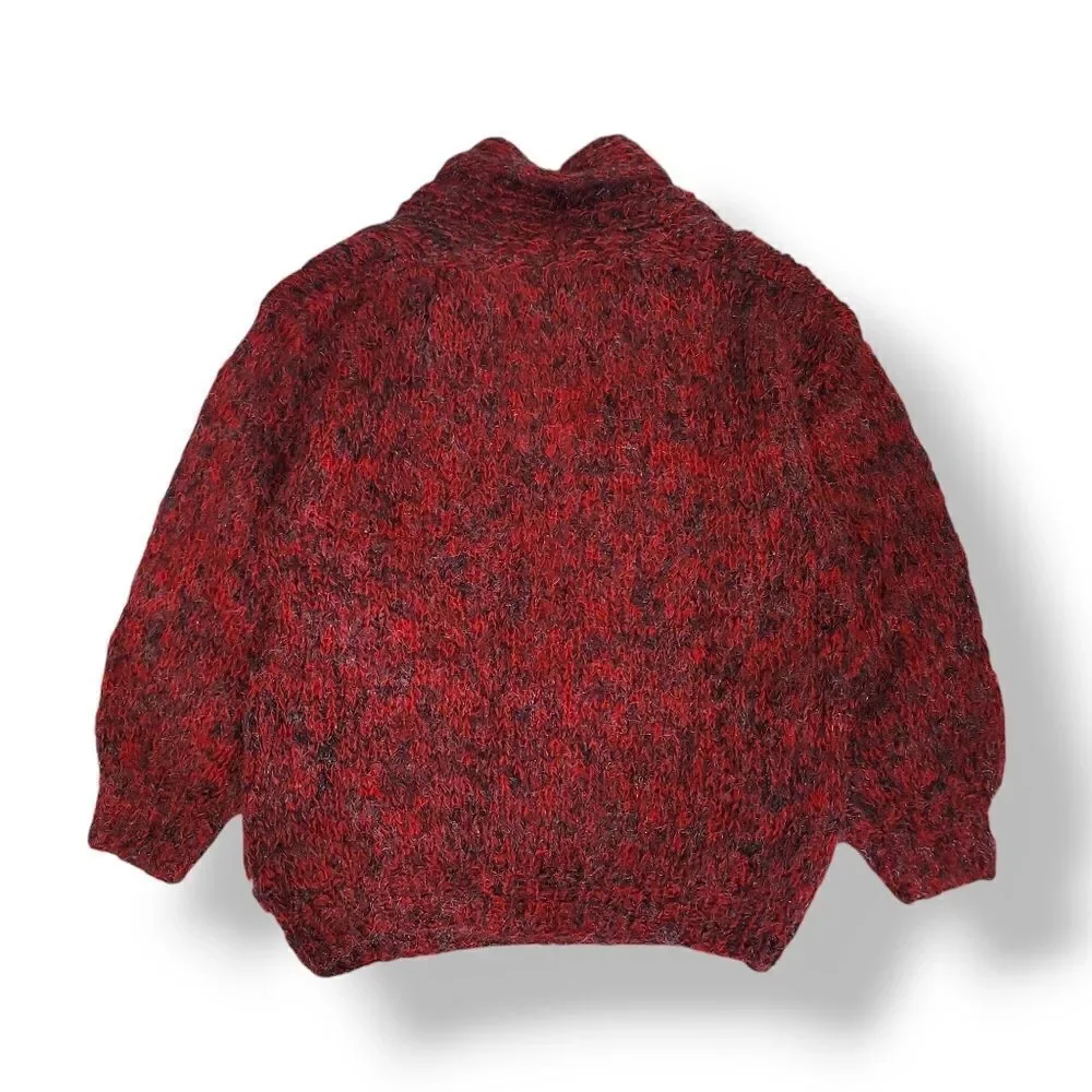Vintage Hand Knitted Oversized V-neck Wool Knit Reindeer Sweater in Red L/XL